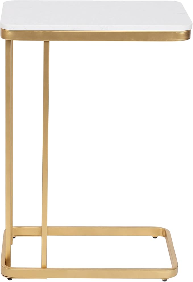 Kate and Laurel Credele Modern Glam Marble C-Table End Table; 12 x 19 x 27; White and Gold; Chic Contemporary TV Tray Table with Metal Legs And Cultured Marble Tabletop