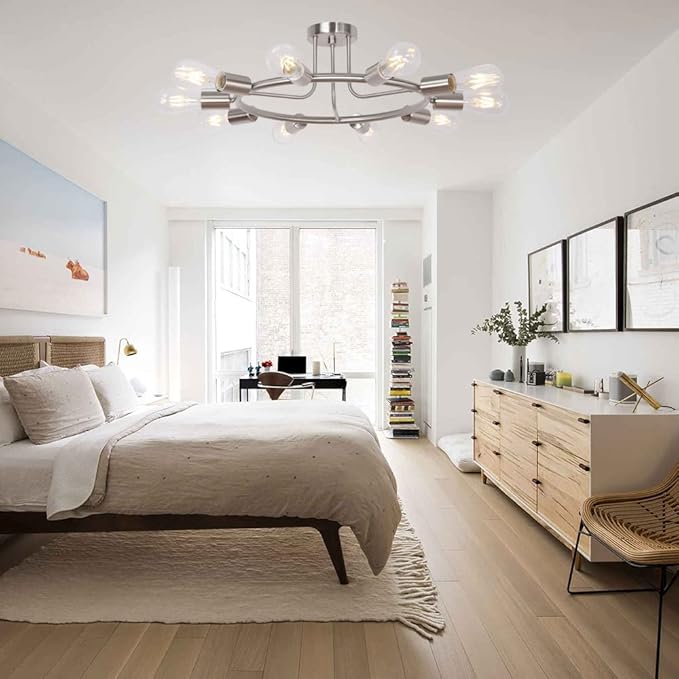 BONLICHT Round Rustic Chandelier 10-Light Brushed Nickel Modern Semi Flush Mount Ceiling Light Industrial Vintage Sputnik Chandelier Light Fixture for Living Room Dining Room Bed Room Kitchen Hallway