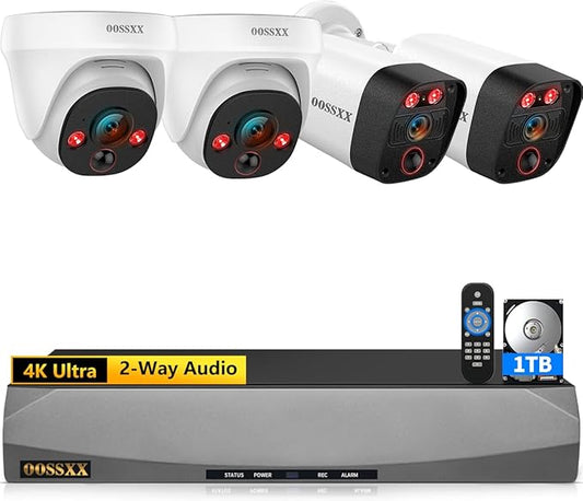 OOSSXX 4K 130° Ultra Wide-Angle 2-Way Audio 8MP Wired Dome PoE IP Cameras for Home Security Outdoor Camera System DVR Kits, Smart PIR Detection,DVR Kits (2 Bullet+2 Dome (1TB HDD))