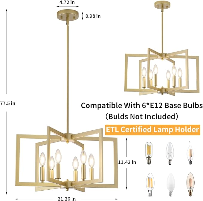 Dining Room Light Fixture, 6-Light Gold Chandelier Modern Metal Industrial Chandelier Lighting for Farmhouse Living Room Kitchen Entryway (Gold, E12 Bulbs Not Included)