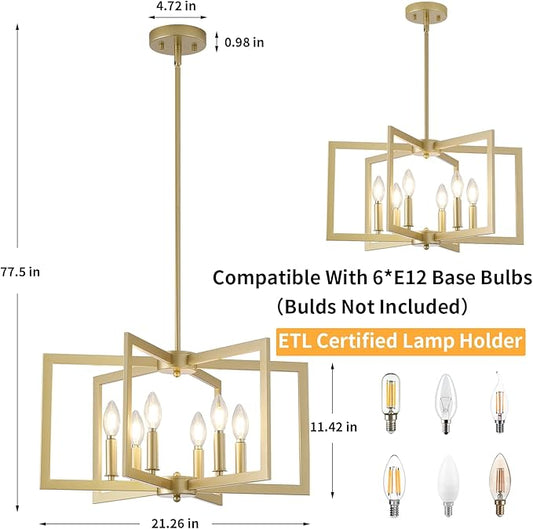 Dining Room Light Fixture, 6-Light Gold Chandelier Modern Metal Industrial Chandelier Lighting for Farmhouse Living Room Kitchen Entryway (Gold, E12 Bulbs Not Included)