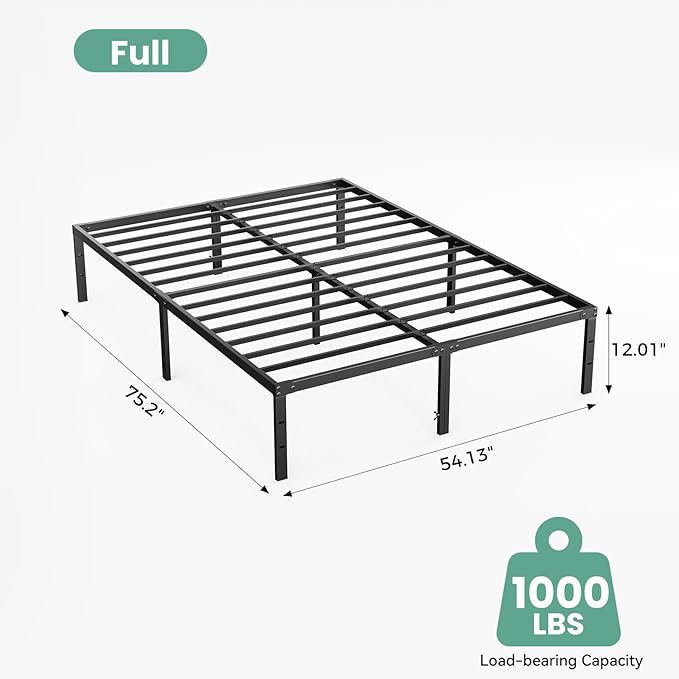 Sweetcrispy Full Size 12 Inch Platform Bed Frame, Heavy Duty Metal Foundation Frame, Noise-Free Sturdy Steel Slats, Underbed Storage, No Box Spring Needed, Quick Setup