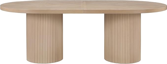 Meridian Furniture 725Oak-T Belinda Collection Mid-Century Modern Solid Wood White Oak Veneer Dining Table, Oval Design, Fluted Bases, 2 Leaves Included, 90"/106.5"/123" W x 47.5" D x 31" H, White
