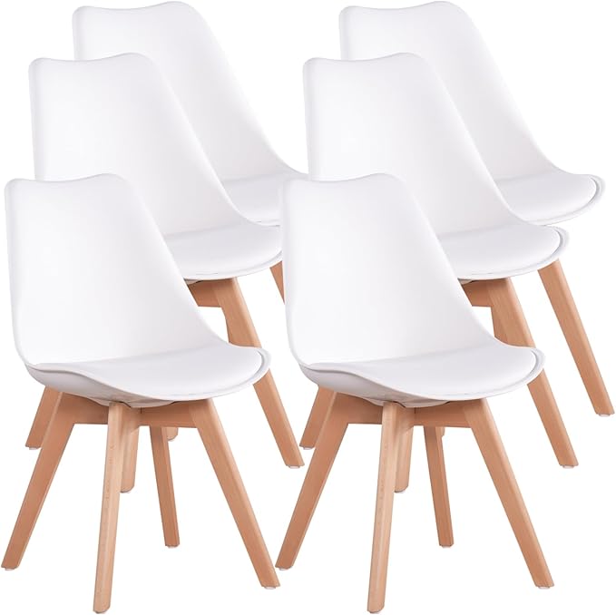 Dining Chairs Set of 6, Side Chairs Upholstered Armless Mid-Back Faux Leather Cushioned for Dining Room Kitchen Living Room, Soft Padded Seats & Solid Wood Legs, White