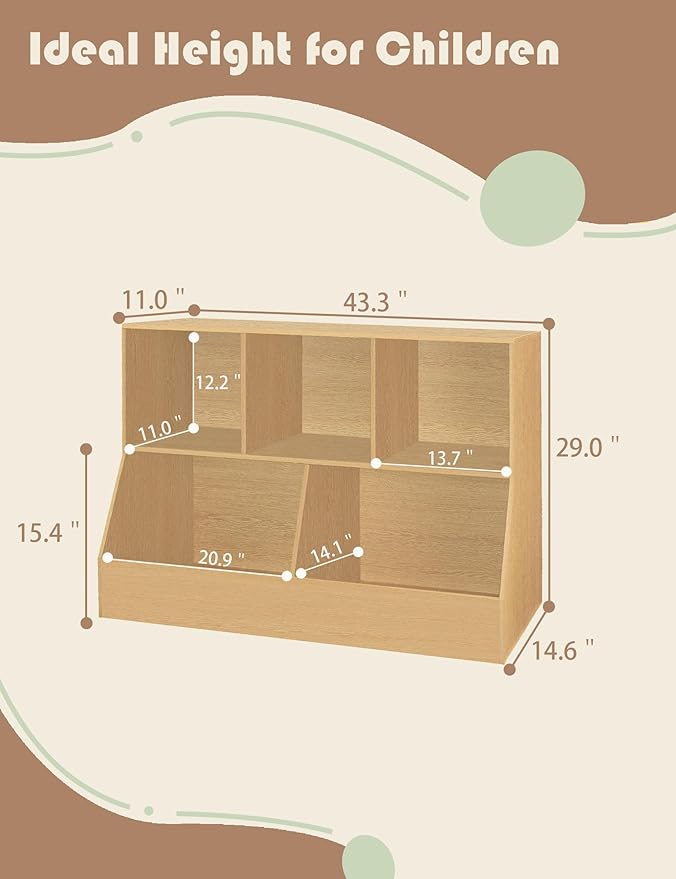 DINZI LVJ Toy Storage Organizer, Kids Bookshelf, Wooden Toy Storage Cabinet, 5 Cubby Children Bookcase, 43.3" L Toddler Book Shelf for Playroom, Living Room, Nursery, Hallway, School, Natural