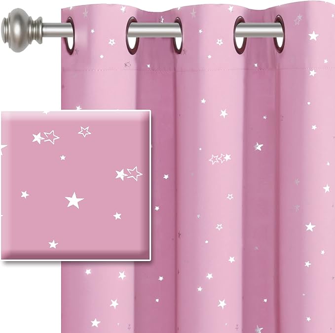 H.VERSAILTEX Blackout Star Curtains for Kids Room Boys Girls Twinkle Silver Stars Full Light Blocking Cute Thick Soft Curtain Drapes, Grommet Top, 2 Panels, 52" W x 63" L, Pink