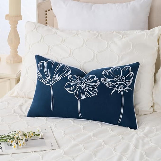 Sunkifover Decorative Floral Lumbar Pillow Cover 12x20 Inch Blue and White Cotton Embroidery Flower Throw Pillowcase Cushion Cover for Bed Bedroom, Living Room, Sofa