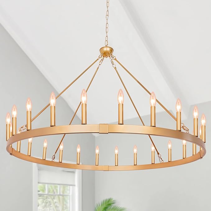 Gold Wagon Wheel Chandelier 48-Inch 24-Light, Extra Large Round Rustic Farmhouse Chandeliers for Outdoor Porch high Ceilings Dining Room Living Room Foyer Entryway