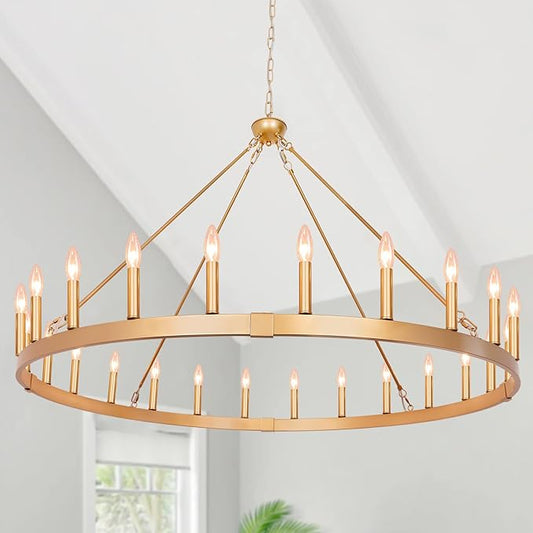 Gold Wagon Wheel Chandelier 48-Inch 24-Light, Extra Large Round Rustic Farmhouse Chandeliers for Outdoor Porch high Ceilings Dining Room Living Room Foyer Entryway