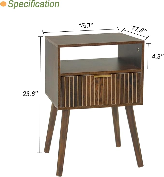 MaxSmeo Small Nightstand with Drawer, Mid Century Modern Bedside Table for Bedroom and Small Spaces, Solid Wood Legs, Easy Assembly, Rustic Brown