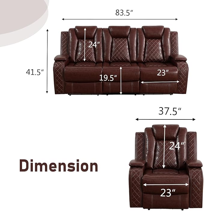 Power Recliner Sofa Set, Air Leather Reclining Couch with LED/Cup Holders/Storage, 2 Pieces Reclining Living Room Furniture, Burgundy Leather Sofa and Chair for House/Apartment/Office