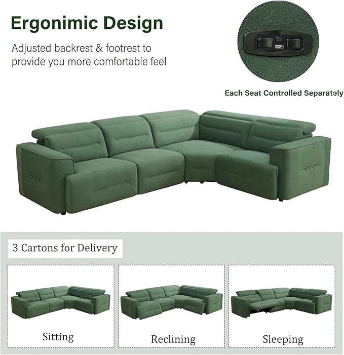 Power Recliner Sectional Sofa, L-Shaped Living Room Furniture Set, Green Flannel Sectional Sofa, Reclining Sectional Couch for Living Room/House/Apt (Green, 4 Seater)