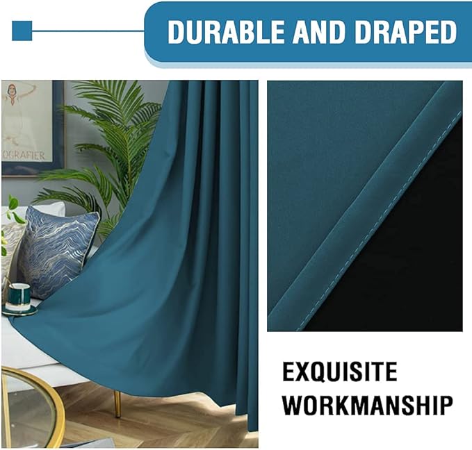 H.VERSAILTEX 100% Blackout Curtains for Bedroom Thermal Insulated Blackout Curtains 45 inch Length Heat and Full Light Blocking Curtains for Living Room with Black Liner 2 Panels Set, Dark Teal