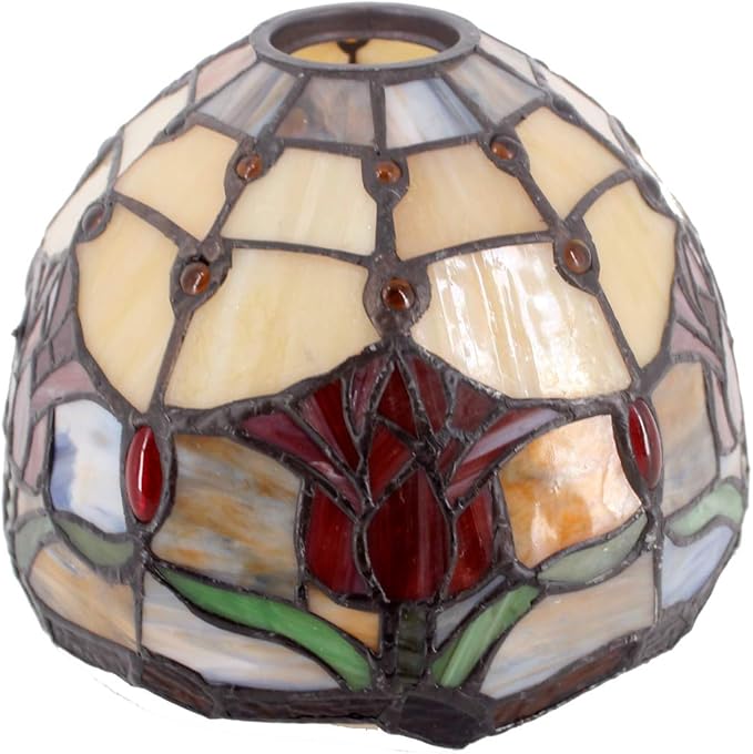 WERFACTORY Tiffany Lamp Red Stained Glass Tulip Table Lamp, Metal Leaf Base 8X10X21 Inches Reading Desk Light Decor Small Space Bedroom Home Office S030 Series