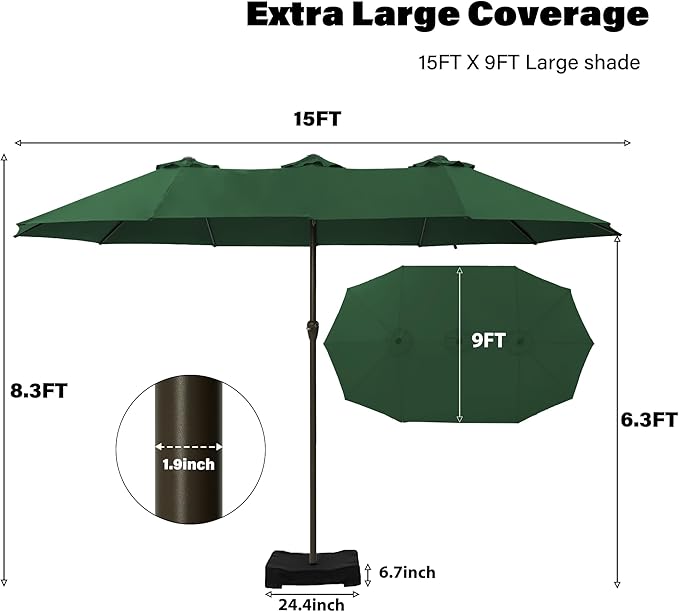 Ayge 15ft Large Outdoor Patio Umbrella with Table & Base - Double-Layer UV Resistant Fabric, Easy Crank Handle for Pool, Garden & Lawn