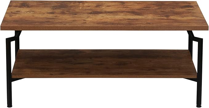 Household Essentials Crown Rectangular Coffee Table with Storage Shelf Rustic Hickory Wood Grain and Black Metal