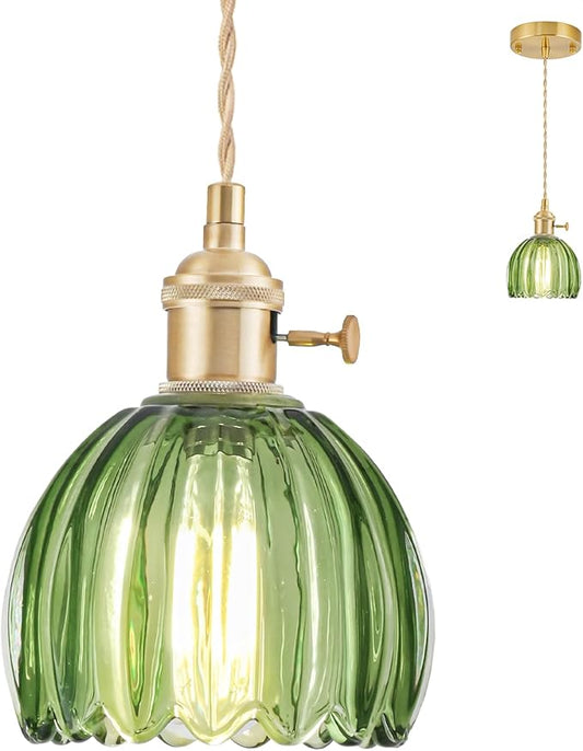 Mini Pendant Lights Kitchen Island, Small Adjustable Pendant Light Fixture with Green Tulip Glass Lampshade, Vintage Gold Pendant Lighting, Pendant Light for Bedroom Dining Room Hallway