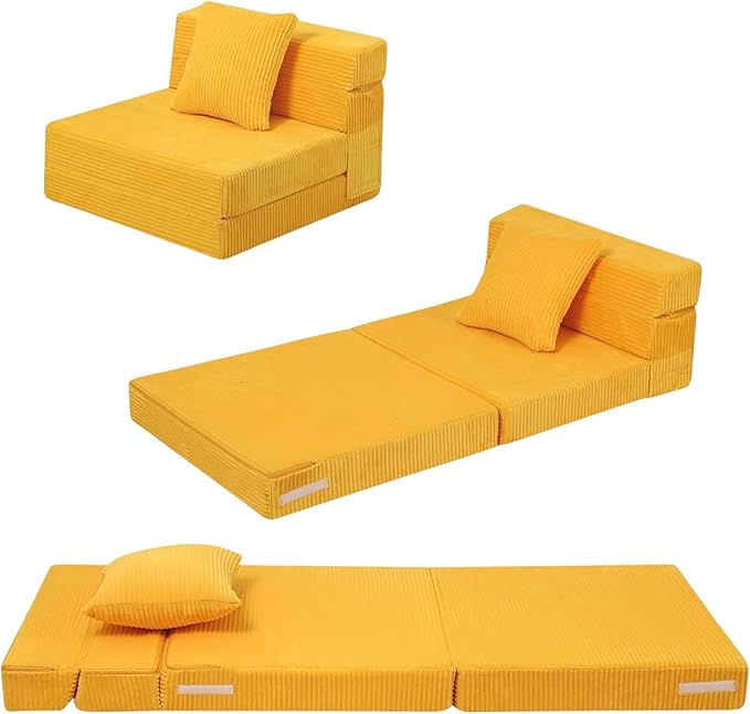 MeMoreCool Folding Sofa for Kids, Corduroy Fold Out Futon Chair, Small Foldable Floor Mattress, Portable Children Couch Sofa, Yellow
