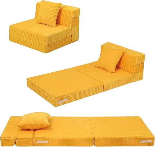 MeMoreCool Folding Sofa for Kids, Corduroy Fold Out Futon Chair, Small Foldable Floor Mattress, Portable Children Couch Sofa, Yellow