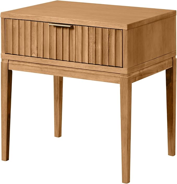 Nathan James Jasper Mid-Century Modern Nighstand, Side Table with Storage and Fluted Drawer Doors with Brass Handles, Natural Brown