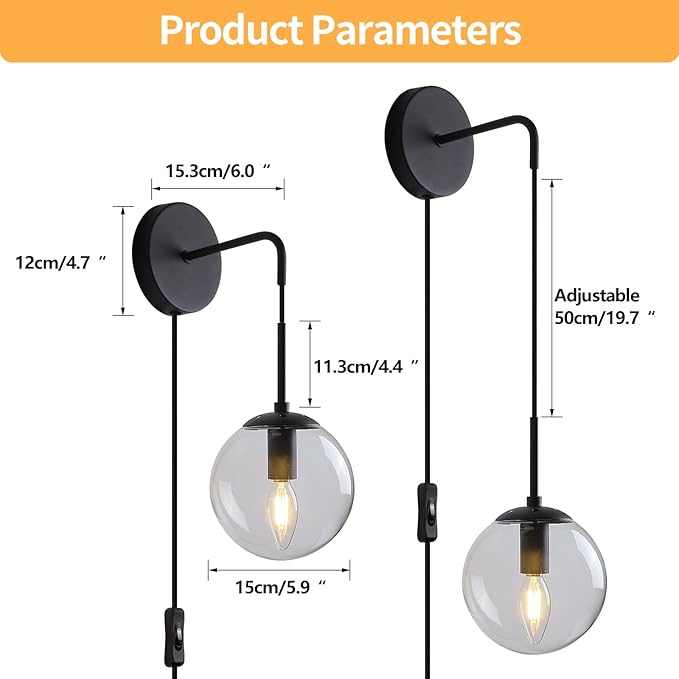 Wall Sconces Set of Two Black Plug in Wall Sconces Set of 2 with Globe Clear Glass Shade Wall Lights Wall Lamps for Bedrooms Sconces Wall Decor Set of 2 with Plug in Cord Switch for Bedside