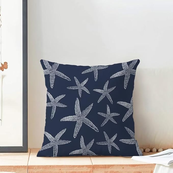 BETGINY Coastal Throw Pillow Cover 18X18 Inch Pack of 2,Summer Nautical Navy Blue Starfish Decorative Pillow Covers Square Linen Beach Ocean Pillow Cases Cushion for Bedroom Home Sofa Decor