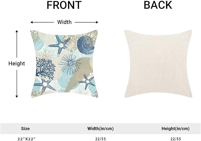Nautical Coastal Throw Pillow Cover 22 x 22 Inch Pack of 2,Summer Beach Ocean Themed Decorative Pillow Covers Square Linen Starfish Seashell Pillow Cases Cushion for Bedroom Home Sofa Decoration