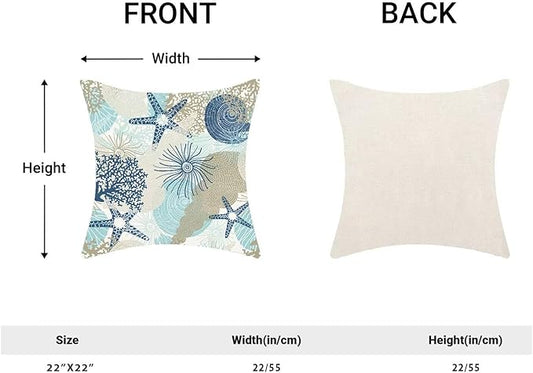 Nautical Coastal Throw Pillow Cover 22 x 22 Inch Pack of 2,Summer Beach Ocean Themed Decorative Pillow Covers Square Linen Starfish Seashell Pillow Cases Cushion for Bedroom Home Sofa Decoration