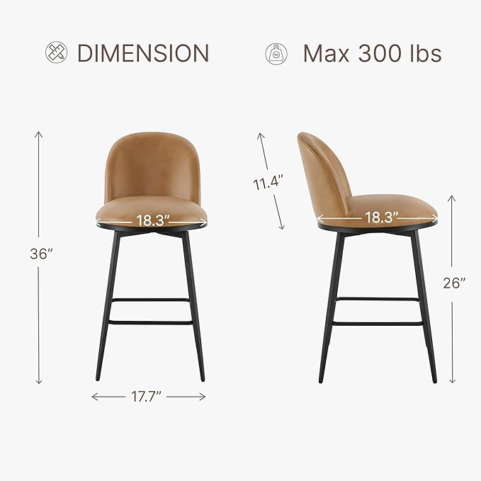 Swivel Bar Stools Set of 2, 26" H Upholstered Faux Leather Barstools with Backs,Counter Height Stools with Metal Legs for Kitchen Island,Brown,1 Box