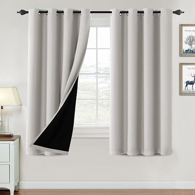 H.VERSAILTEX 100% Blackout Curtains for Bedroom Thermal Insulated Blackout Curtains 63 inch Length Heat and Full Light Blocking Curtains for Living Room with Black Liner 2 Panels Set, Pumice Stone