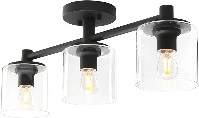 Pathson 3-Light Semi Flush Mount Ceiling Light, Industrial Pendant Lighting Fixture with Glass Shade, Ceiling Chandelier Lamp for Hallway Loft Kitchen Bar