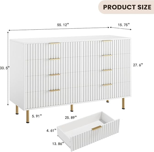 GarveeHome 8 Drawer Dresser for Bedroom, Fluted 55 in Wide Modern Chest of Drawers with Deep Drawers, Wooden Dresser Organizer for Living Room, Hallway, Kids Room, White