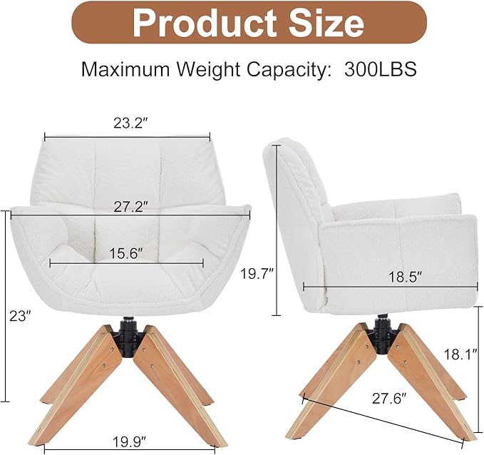 Mid Century Accent Chair, Lambs Wool Vanity Chair Modern Cozy Desk Chair no Wheels with Amrest, Wood Legs for Living Room, Reading Room, Bedroom, White Lambwool