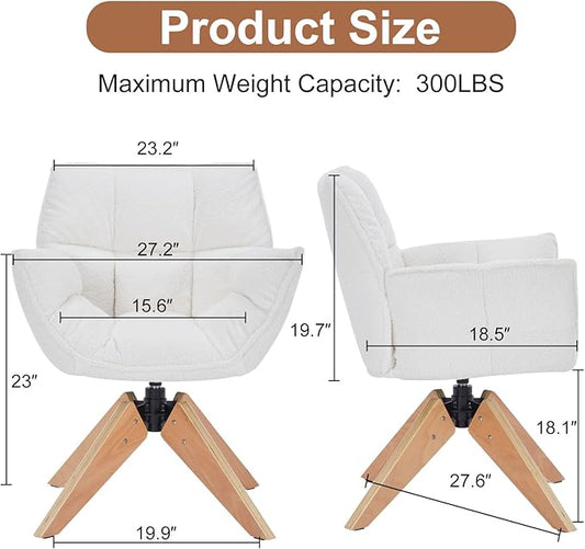 Mid Century Accent Chair, Lambs Wool Vanity Chair Modern Cozy Desk Chair no Wheels with Amrest, Wood Legs for Living Room, Reading Room, Bedroom, White Lambwool