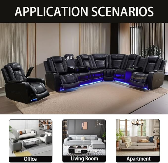 A Ainehome Power Reclining Sectional Couch, Power Leather Recliner Sectional Sofa Living Room Furniture Set with USB Port/Storage Console for Living Room/Office(B-Black)