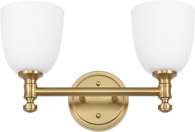Gold Bathroom Vanity Light Fixtures, 2-Light Bathroom Vanity Light Fixtures Over Mirror, Traditional Vanity Lights for Living Room, Milk White Glass Shades, Standard E26 Base, Aged Brass