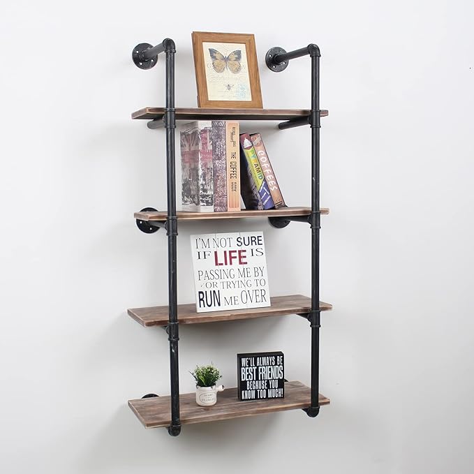 MBQQ Industrial Pipe Shelving Wall Mounted,24in Rustic Metal Floating Shelves,Steampunk Real Wood Book Shelves,Wall Shelf Unit Bookshelf Hanging Wall Shelves,Farmhouse Kitchen Bar Shelving(4 Tier)