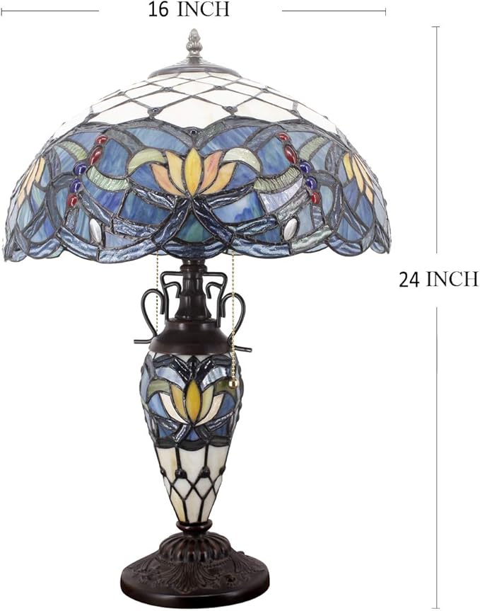 WERFACTORY Tiffany Lamp Blue Stained Glass Lotus Mather-Daughter Vase Table Lamp 16X16X24 Inches Antique Desk Reading Light Decor Bedroom Living Room Home Office S220 Series