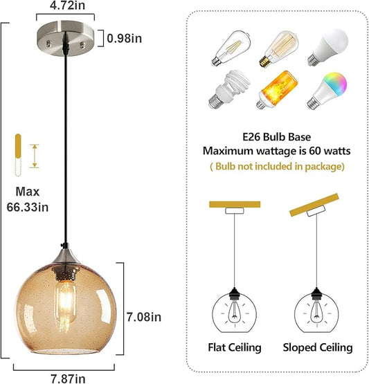 Light Brown Glass Pendant Lights Kitchen Island Lighting Globe Pendant Light Fixtures Modern Pendant Lighting for Bedroom Living Dining Room Light Fixture (7.87 in, 2 Pack)