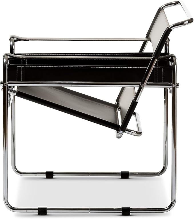 Baxton Studio Wassily Style Mid Centry Modern Accent Chair,Steel Frame and Faux Leather, Wide Seating