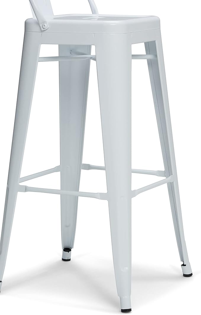 SIMPLIHOME Rayne Bar Stools (Set of 2) - 30 inch Seat Height Industrial Metal Chairs in White, Contemporary Seating for Kitchen or Bar with Curved Back, Under-Seat Cross Brace, and Footrest