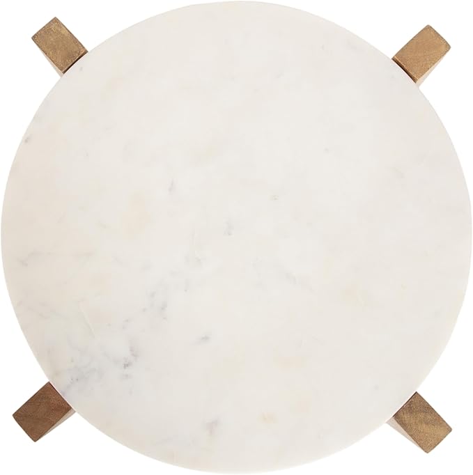 Kate and Laurel Moxley Transitional Round Side Table; 16 x 16 x 22; White Marble and Natural Wood; Tiered Pedestal Table with Authentic Marble Tabletops for Bedroom Nightstand or Indoor Plant Stand