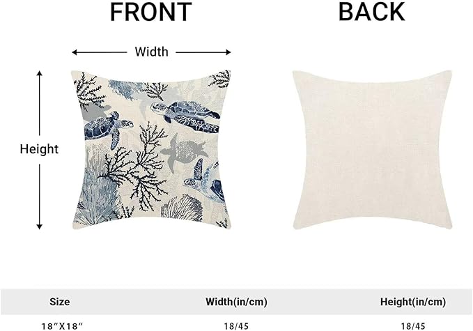 BETGINY Coastal Throw Pillow Cover 18 x 18 Inch Pack of 2, Beach Themed Blue Coral Sea Turtle Decorative Pillow Covers Square Linen Nautical Ocean Pillow Cases Cushion for Bedroom Home Sofa Decor