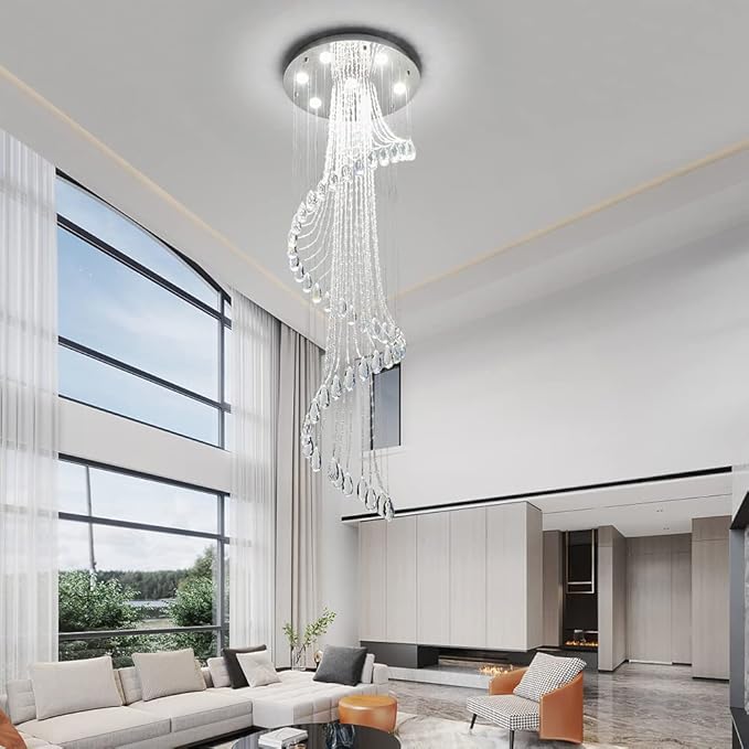Saint Mossi 7-Lights K9 Crystal Chandelier, Raindrop Chandelier Light Fixture, Modern High Ceiling Lighting, Modern Pendant Light Flush Mount Ceiling Light Fixture,H71 x D24