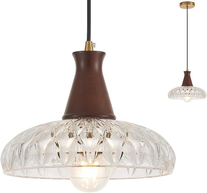 YLONG-ZS Glass Pendant Lights Kitchen Island,Modern Kitchen Hanging Pendant Ceiling Light,Vintage Walnut Wood Hanging Lamp for Bedroom Living Room Dining Room Restaurant Coffee Shop