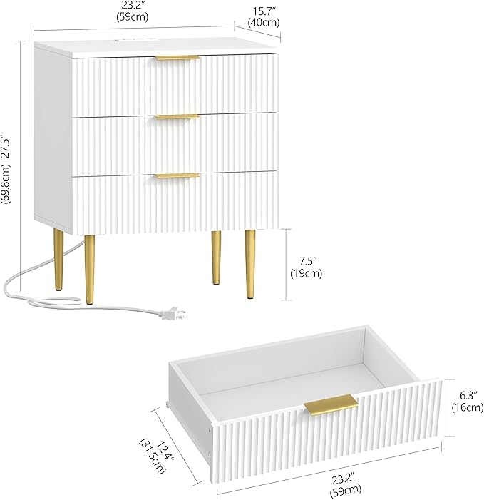 3 Drawer Nightstand with Charging Station, 23.2" W Large Fluted Night Stand, Modern Bedside Table with USB Ports and Outlets, for Bedroom, White and Gold