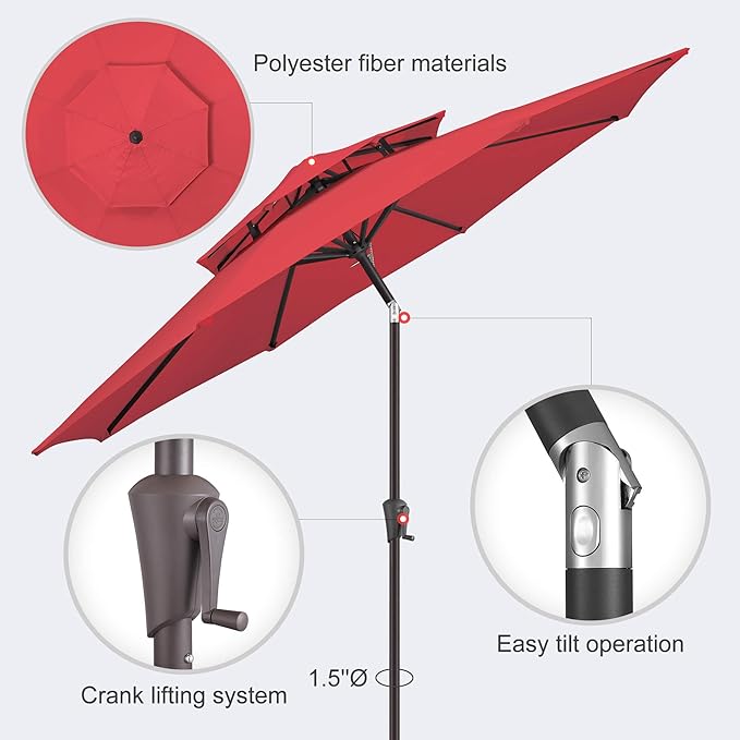 9FT Outdoor Patio Umbrella - 2 Tiers Table Umbrella Waterprool UV Protection, Sombrillas de Patio with Push Button Tilt, Sun Umbrella for Pool, Porch, Garden, Backyard (Red)