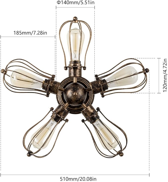Vintage Ceiling Light Industrial Semi-Flush Mount Ceiling Light Metal Fixtures Painted Finish (with 5 Light) (Bronze)