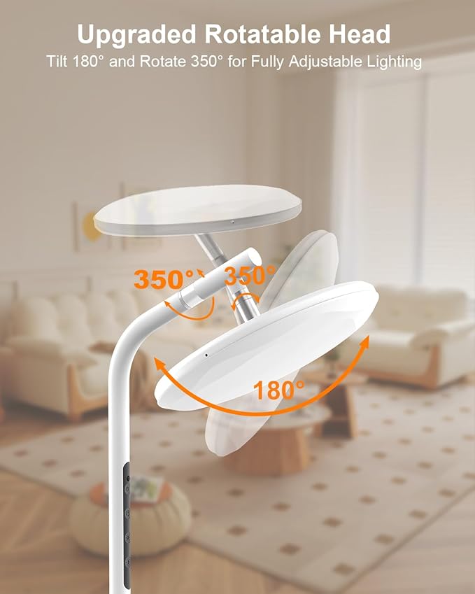 LED Floor Lamp, 32W Super Bright Standing Lamp with Remote Control, Modern Dimmable 69" Torchiere Tall Lamp, 350°Rotating Head Reading Floor Lamp for Living Room, Bedroom, Office, White