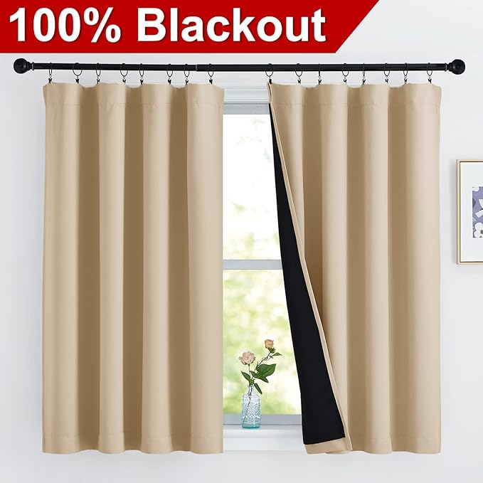 NICETOWN Bedroom Durable Full Blackout Curtain Panels, Great Job for Blocking Light, Rod Pocket Complete Blackout Draperies with Black Liner for Night Shift (Biscotti Beige, Set of 2, 52 by 54-inch)